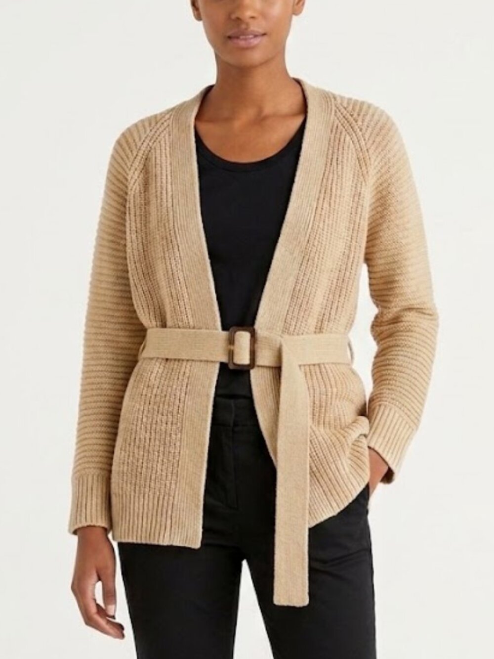 Massimo Dutti Ribbed Belted Wrap Cardigan Sweater Beige Made in Italy Size M